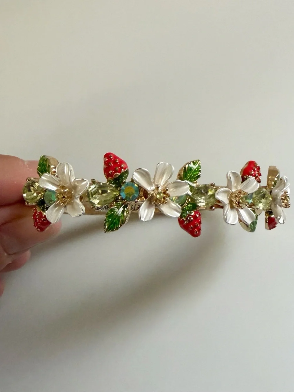 Betsey Johnson Strawberries White Flowers Gold Tone Hinge Bangle Bracelet